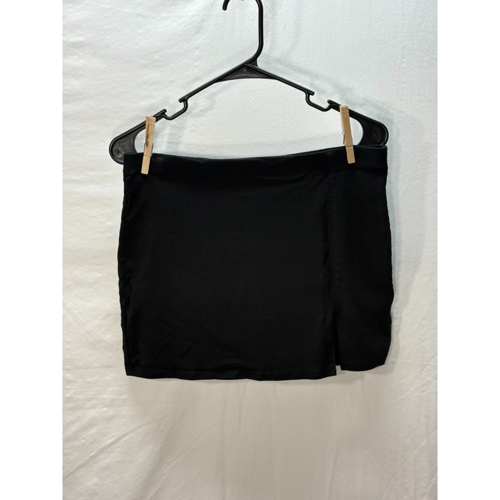 Black Mini Skirt Stretch Pull On Lightweight Bodycon Women L Thigh Slit